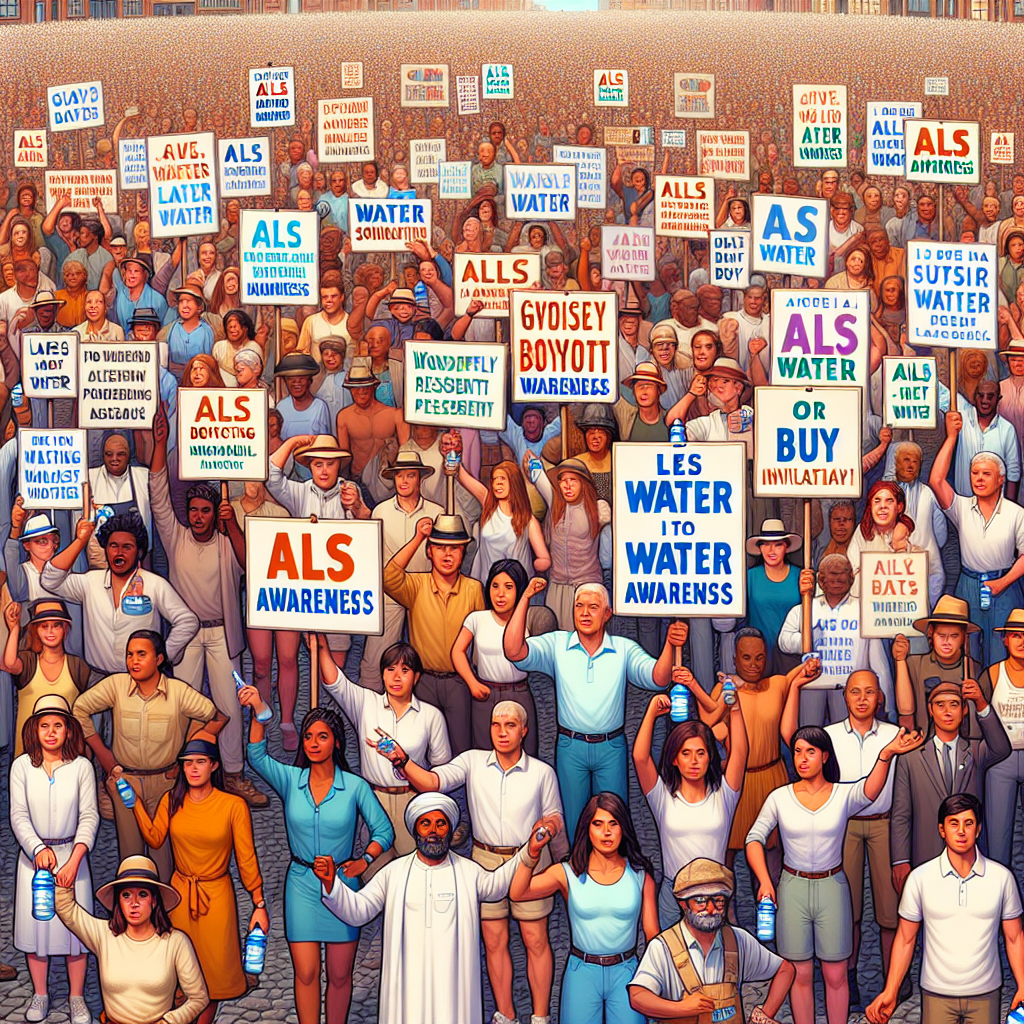 Generate an image for an article dedicated to ALS awareness. The scene incorporates a multitude of people from various descents like Asian, African, Hispanic, Middle-Eastern, South Asian and Caucasian. Gender presentation should be wonderfully varied. Each person is actively engaging in a water boycott or buy initiative. The people are holding placards with phrases promoting ALS awareness and the importance of solidarity. Show people refusing to buy water or buying alternative drinks. The background should have iconic city elements, further enhancing the narrative that this is a widespread, inclusive initiative.