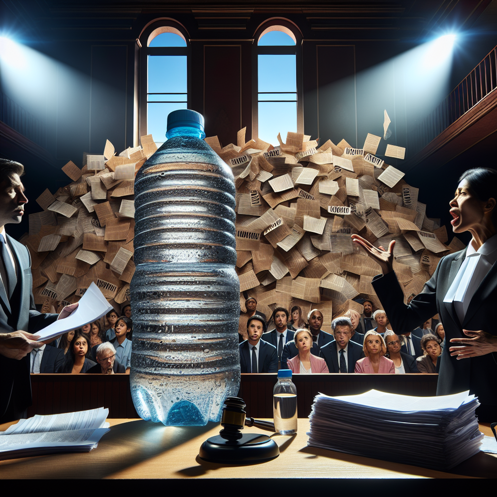 Show a dramatic courtroom scene. The spotlight is shining on a large pile of legal documents related to the lawsuit on the stand. Next to the pile, there is a water bottle filled with clear liquid, representing the product under scrutiny. On the right side, a middle-aged South Asian female lawyer passionately argues her case, pointing to the documents. On the left side, a Caucasian male lawyer listens pensively, preparing his counter-arguments. The backdrop is of a packed courtroom with multi-racial spectatorship in suspense, reflecting the very high stakes of this $129 million battle against liver failure.
