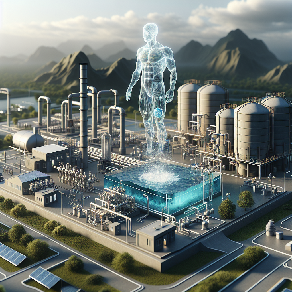 Render a detailed and color-accurate image of a modestly sized community water system. Feature elements such as well-maintained pipes, a pumping station, and a water treatment facility in the background. Highlights the pathways through which clean water is distributed to various community areas. To emphasize the relationship between water systems and ALS, subtly include a floating translucent muscular silhouette superimposed over the water system, embodying the idea of health influences. Finally, overlay the image with text reading 'ALS Factors: Unveiling Stunning Insights into Community Water Systems' in bold, serif font.