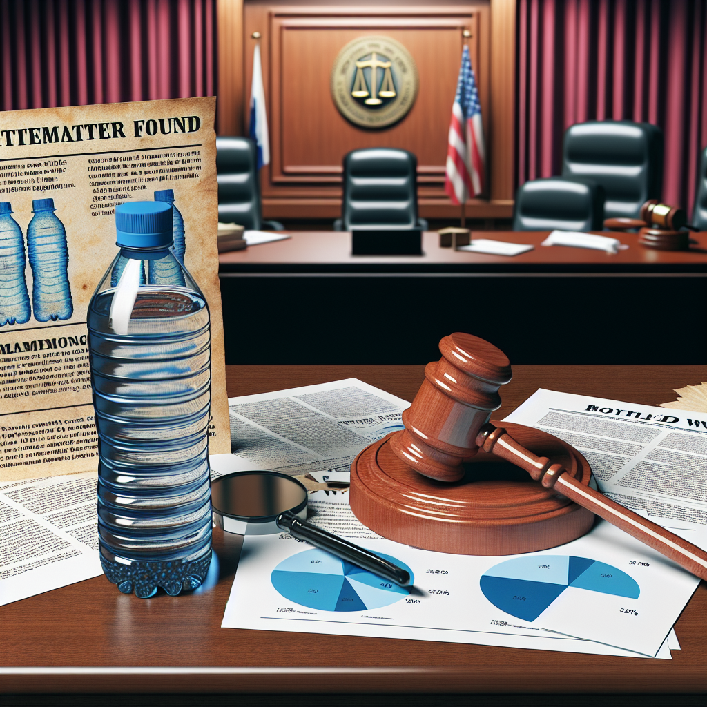A depiction of a legal document with a gavel lying nearby, placed on a mahogany desk with a stack of papers containing graphs and statistics about bottled water safety percentages. A bottle of water is visible in the foreground with a questionable label. There are shocking headlines like 'Contaminants Found' and 'Legal Action Pending' spread out on the pages. A backdrop of a court room is faintly visible behind the desk.