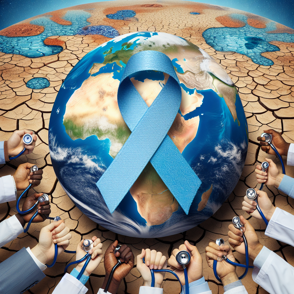 An image that serves as a symbolical representation of ALS (Amyotrophic Lateral Sclerosis) disparities and water-related issues affecting diagnosis around the globe. Like an ALS ribbon, symbolizing support for those battling the disease, held against a background of a parched earth, symbolizing water scarcity. Parts of the earth are covered with clean and dirty water, reflecting areas with safe water access and those without, respectively. Diverse hands of physicians in the foreground using medical equipment for diagnosis, presenting various descents such as Hispanic, Black, South Asian, Middle-Eastern, Caucasian, and White.